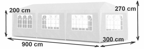 Pavilon sátor 9x3m kertbe, udvarra vagy rendezvényekre, 8 oldalfallal, fehér színben