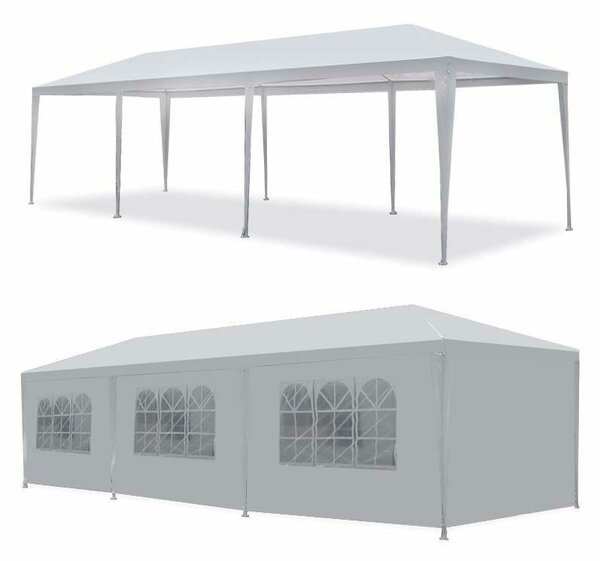 Pavilon sátor 9x3m kertbe, udvarra vagy rendezvényekre, 8 oldalfallal, fehér színben