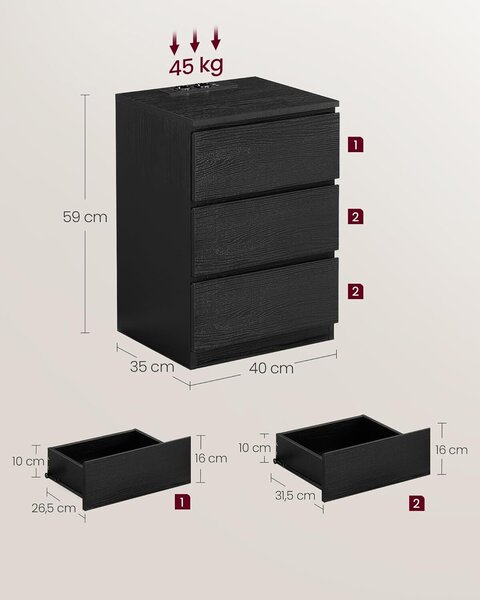 2 db VASAGLE éjjeliszekrény szett, fiókokkal, 2 aljzattal és 2 USB-vel, 35x40x59 cm, fekete