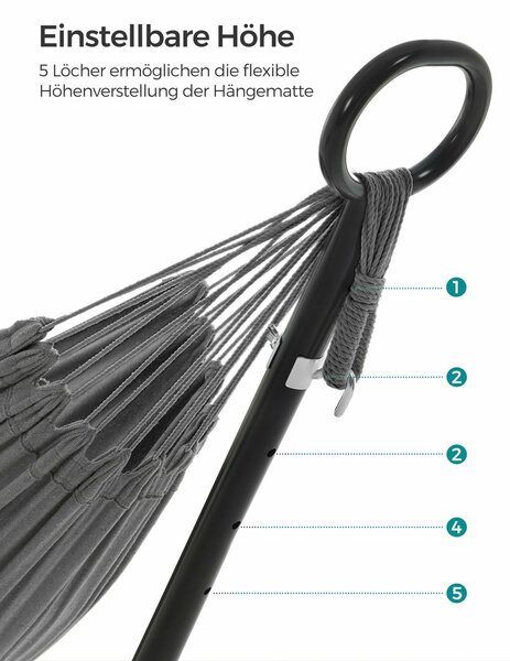 Függőágy 5 különböző magasságba állítható, fém vázzal, szürke