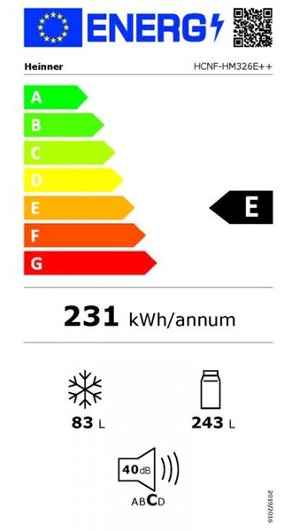 Heinner hcnf-hm326e++ nofrost alulfagyasztós hűtőszekrény, led világítás, hűtő:243l, fagyasztó:83l, fehér HCNF-HM326E++