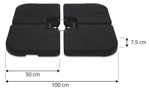 Napernyőtalp, Plonos, fekete, 100 x 100 x 7,5 cm, szögletes, HDPE műanyag, vízzel vagy homokkal tölthető, 4 részes, 4 db fém kampóval, 80 kg / 60 l