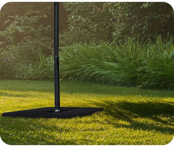 Napernyőtalp, Plonos, fekete, 100 x 100 x 7,5 cm, szögletes, HDPE műanyag, vízzel vagy homokkal tölthető, 4 részes, 4 db fém kampóval, 80 kg / 60 l