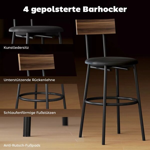 Bárasztal szett 4 székkel, ipari formatervezés, fa, acél, barna