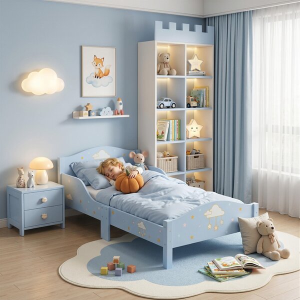 AIYAPLAY Montessori gyerekágy 3-6 éveseknek, felhő mintával gyerekszobába, 146 x 76,5 cm, kék