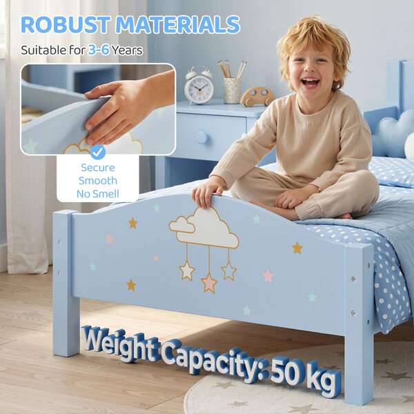 AIYAPLAY Montessori gyerekágy 3-6 éveseknek, felhő mintával gyerekszobába, 146 x 76,5 cm, kék