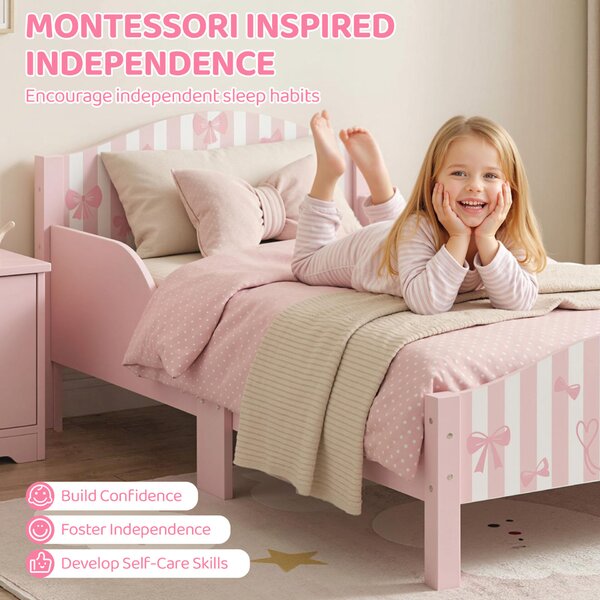 AIYAPLAY Montessori gyerekágy 3-6 éveseknek, masnis dizájnnal és leesésgátló oldalakkal, 146 x 76,5 cm, rózsaszín