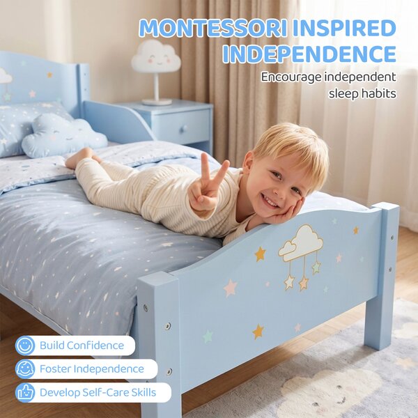 AIYAPLAY Montessori gyerekágy 3-6 éveseknek, felhő mintával gyerekszobába, 146 x 76,5 cm, kék