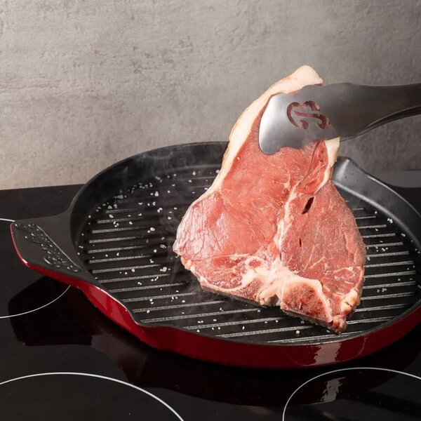 Berkel öntöttvas grill serpenyő, Ø 32 cm, gáz/indukciós hőforrás kompatibilitás, sütőben is használható, vízszintes bordák, zománcozott kúpos alap, egyenletes hőeloszlás, tapadásmentes bevona