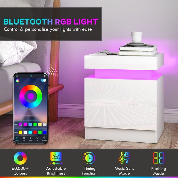 HOMCOM 2 db-os LED éjjeliszekrény szett 4 üzemmóddal, 2 fiókkal, forgácslap, 45x35x52 cm, fényes fehér