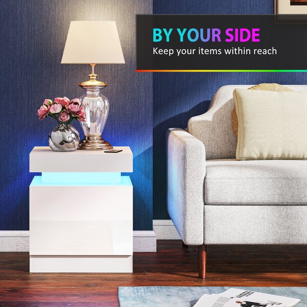 HOMCOM 2 db-os LED éjjeliszekrény szett 4 üzemmóddal, 2 fiókkal, forgácslap, 45x35x52 cm, fényes fehér