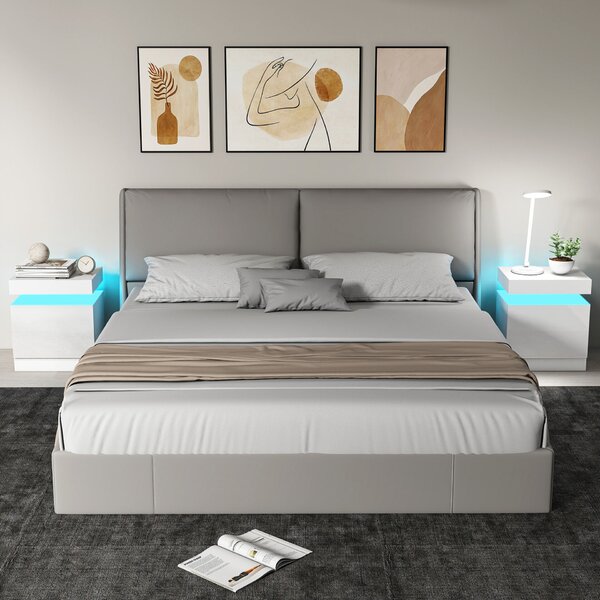 HOMCOM 2 db-os LED éjjeliszekrény szett 4 üzemmóddal, 2 fiókkal, forgácslap, 45x35x52 cm, fényes fehér