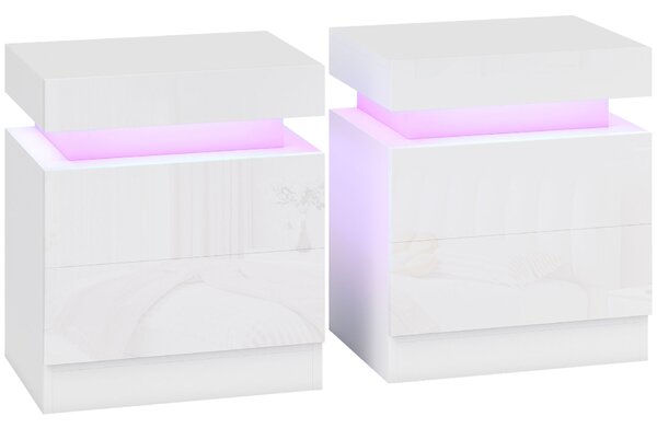 HOMCOM 2 db-os LED éjjeliszekrény szett 4 üzemmóddal, 2 fiókkal, forgácslap, 45x35x52 cm, fényes fehér