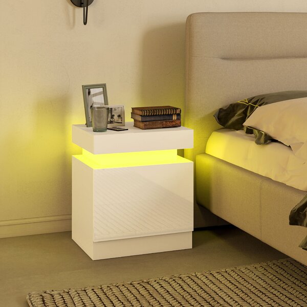 HOMCOM 2 db-os LED éjjeliszekrény szett 4 üzemmóddal, 2 fiókkal, forgácslap, 45x35x52 cm, fényes fehér