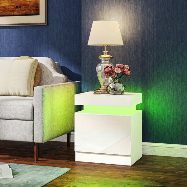 HOMCOM 2 db-os LED éjjeliszekrény szett 4 üzemmóddal, 2 fiókkal, forgácslap, 45x35x52 cm, fényes fehér