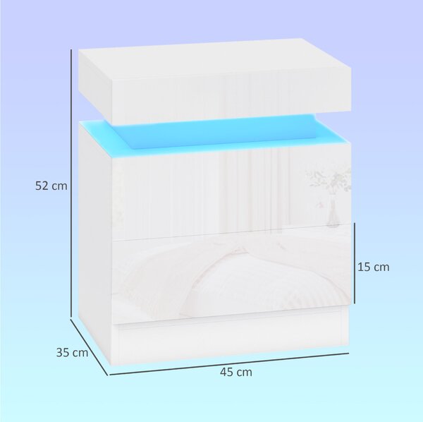 HOMCOM 2 db-os LED éjjeliszekrény szett 4 üzemmóddal, 2 fiókkal, forgácslap, 45x35x52 cm, fényes fehér
