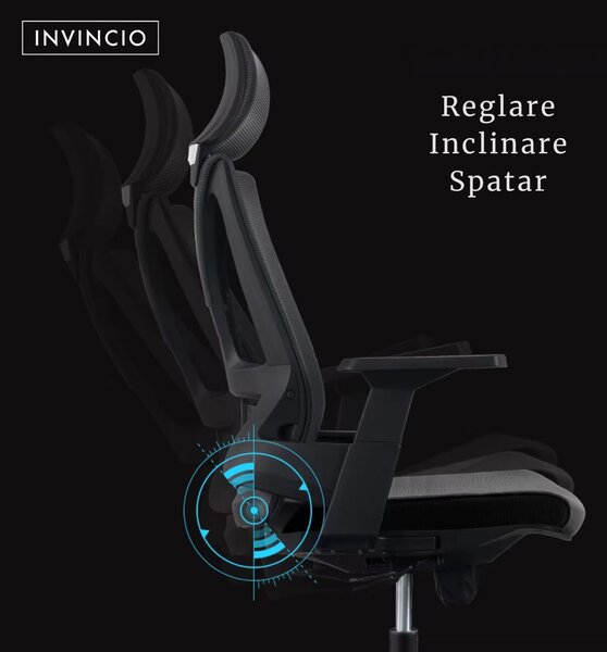 Invincio Walker-H ergonomikus irodai szék, magas hálós háttámla, fejtámla, 3D állítható karfák, dönthető és rögzíthető mechanizmus, BIFMA 3. osztályú henger, állítható deréktámasz, modern des