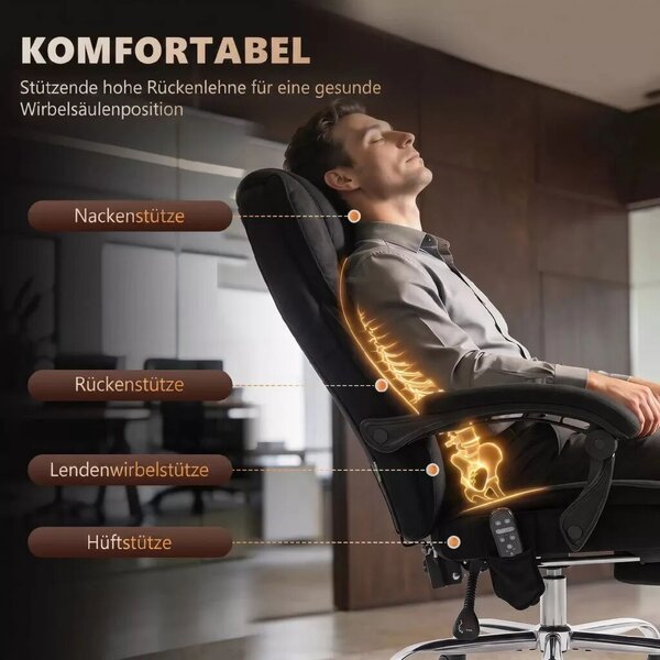 Ergonomikus irodai szék masszázsfunkcióval, lábtartóval, forgóval, görgőkkel, fekete