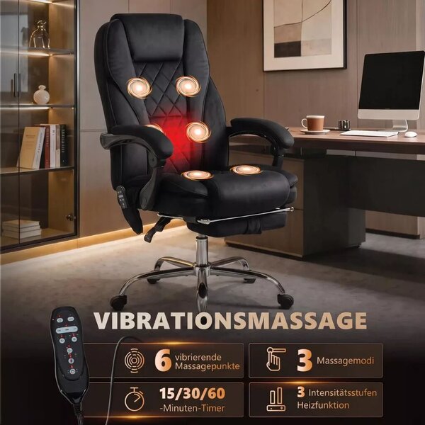 Ergonomikus irodai szék masszázsfunkcióval, lábtartóval, forgóval, görgőkkel, fekete
