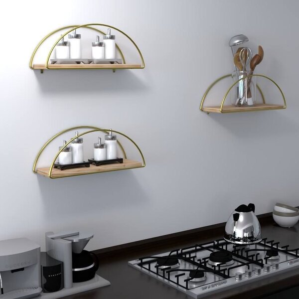 Fali polc, fa, arany kerettel, félkör alakú - MALINE6