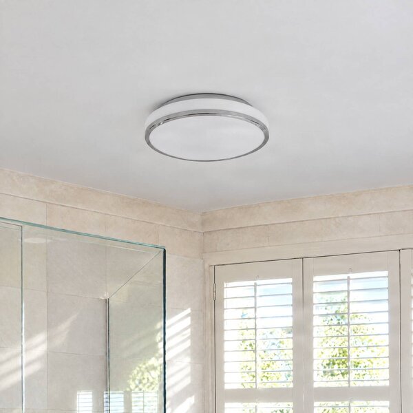 Lindby LED mennyezeti világítás Lyss, Ø 28 cm, króm színű, IP44, Fehér / opál, Fürdőszoba, Üveg, Modern