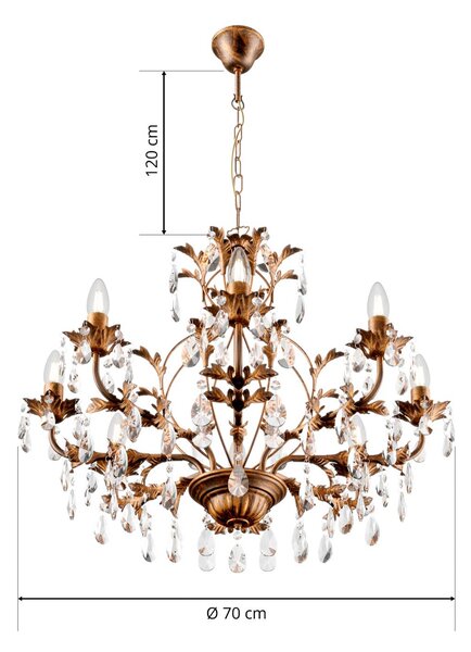 ONLI Teresa csillár, bronz, kristály, Ø 70 cm, 8 lámpa, dimmelhető, Bronz / antik sárgaréz, Nappali / Étkező, fém, Antik