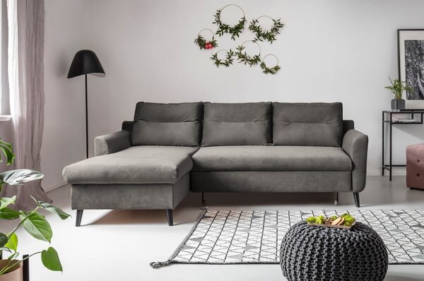 Stylish Stan sötétszürke kinyitható bársony sarokkanapé, bal oldali - Miuform