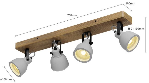 Lindby Spot Mitis, 70 cm, 4 lámpás, szürke, fa, beton, GU10, dimmelhető, Sötét fa, Nappali / Étkező, Fa, Indusztriális dizájn