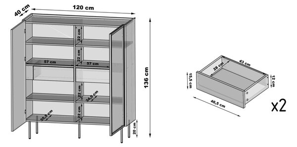 Dunari vitrinszekrény 120 cm kétajtós rejtett fiókokkal - dunin tölgy