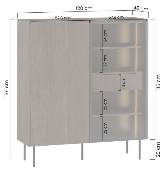 Dunari vitrinszekrény 120 cm kétajtós rejtett fiókokkal - dunin tölgy
