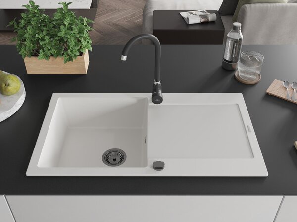 Mexen Leo, gránit mosogató 900x500x190 mm, 1 kamrás, fehér, fekete szifonnal, 6501901010-20-B