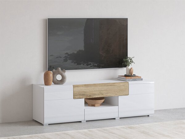 TV-állvány Torsone 101, Laminált forgácslap, 48x159x39cm, Fehér, San remo tölgy, Fényes fehér