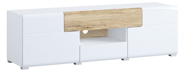 TV-állvány Torsone 101, Laminált forgácslap, 48x159x39cm, Fehér, San remo tölgy, Fényes fehér