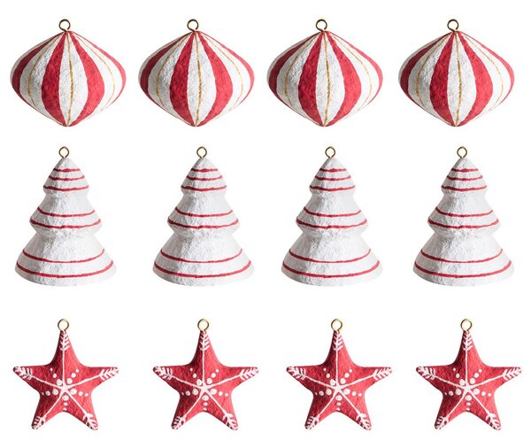 12 darabos karácsonyfadísz szett GIDEALVEN Papírmasé Piros/fehér