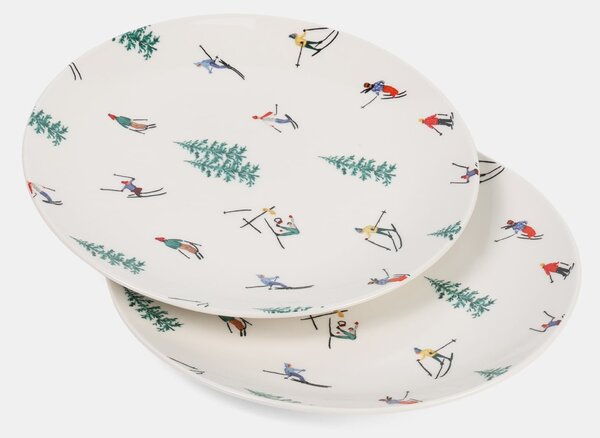 Sinsay - Téli kerámia tányérok síelős mintával, 2 darabos szett - fehér