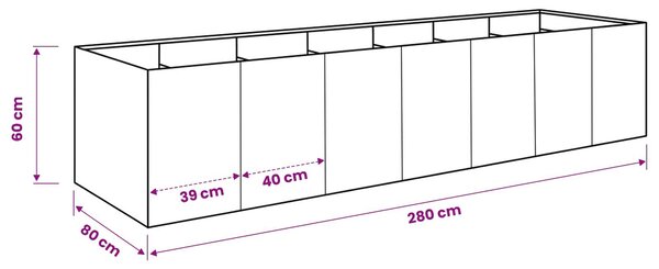 VidaXL Kerti cserép Ezüst 280 x 80 x 60 cm Rozsdamentes Acél