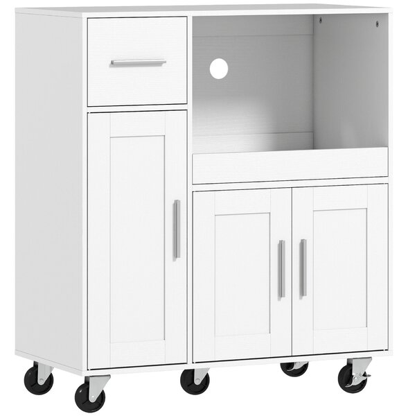 HOMCOM Mikrohullámú sütő szekrény fából, fiókkal, 2 szekrénnyel, nyitott polccal és állítható polccal, 80x40x88.7 cm, fehér