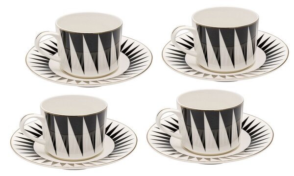 KARE Harlequin Porcelán Kávéscsésze Készlet Geometrikus Fekete-Fehér Arany Díszítéssel