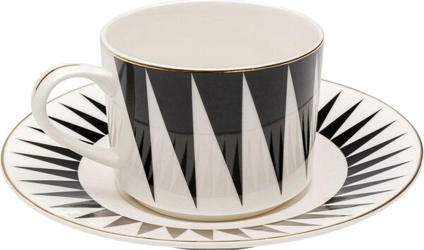 KARE Harlequin Porcelán Kávéscsésze Készlet Geometrikus Fekete-Fehér Arany Díszítéssel