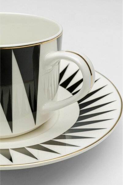 KARE Harlequin Porcelán Kávéscsésze Készlet Geometrikus Fekete-Fehér Arany Díszítéssel