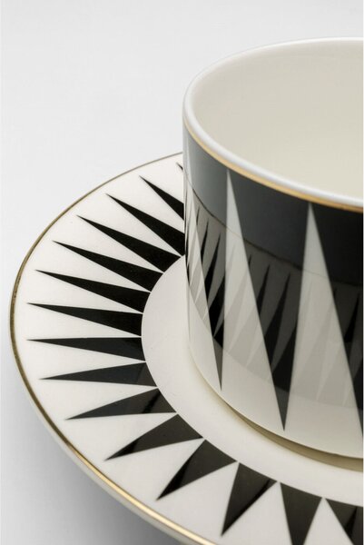 KARE Harlequin Porcelán Kávéscsésze Készlet Geometrikus Fekete-Fehér Arany Díszítéssel