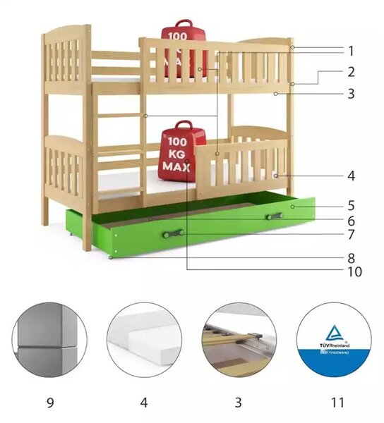Junior emeletes ágy kubuŚ 90x190 fiókkal, fenyő/zöld