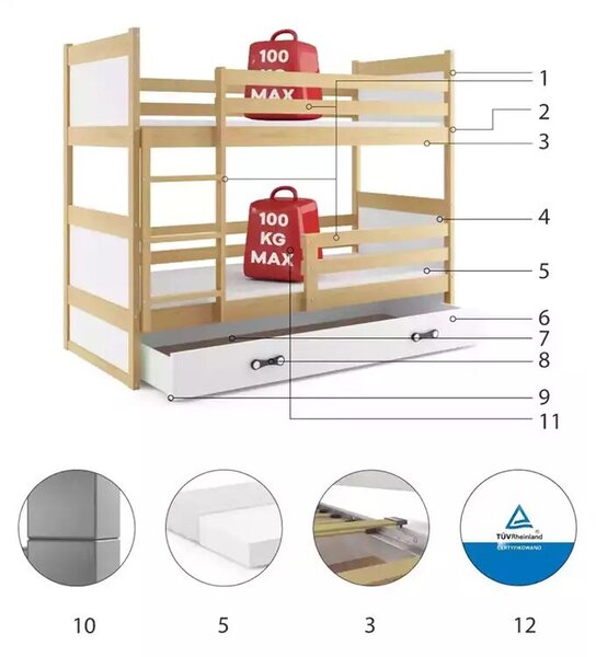 Junior emeletes ágy rico 90x190 fiókkal, fenyőfa/fehér