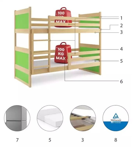 Junior emeletes ágy rico 90x190 matraccal, fenyő/zöld