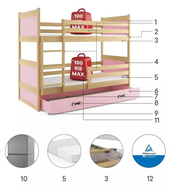 Junior emeletes ágy rico 90x190 fiókkal, fenyő/rózsaszín
