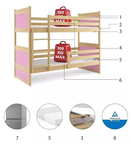 Junior emeletes ágy rico 90x190 matraccal, fenyő/rózsaszín
