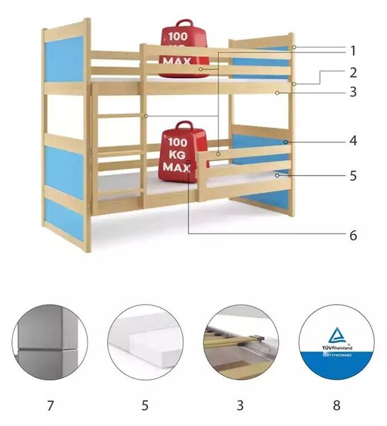 Junior emeletes ágy rico 90x190, fenyő/kék