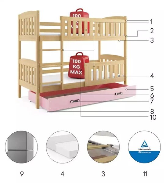 Junior emeletes ágy kubuŚ 90x190 fiókkal, fenyő/rózsaszín