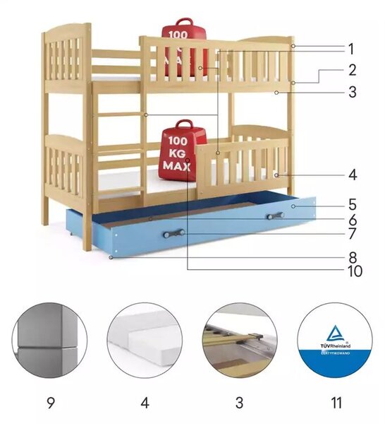 Ifjúsági emeletes ágy kubuŚ 90x190 fiókkal, fenyő/kék