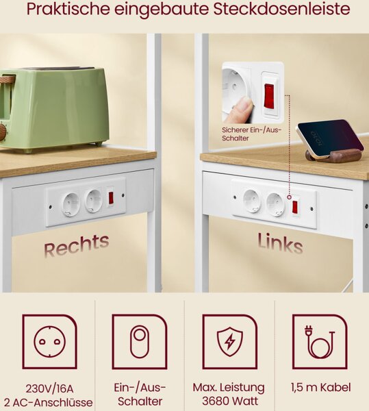 VASAGLE KKS014Y02 Konyhai Polc Beépített Aljzatokkal, 4 Szintes Mikrohullámú Sütő Állvány Arany Tölgy-Matt Fehér